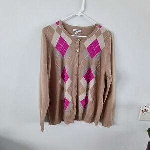 Croft & Barrow Argyle Cardigan Tan Pink Preppy Button Sweater Women XL